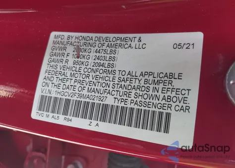 2021 Honda Accord Sport 2.0T from USA, damaged, VIN 1HGCV2F39MA021927